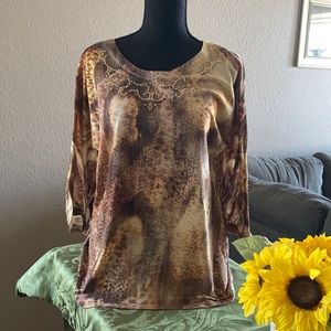 Chico’s top. Brown & tan pattern, 3/4 sleeve, gold stud design at neckline.